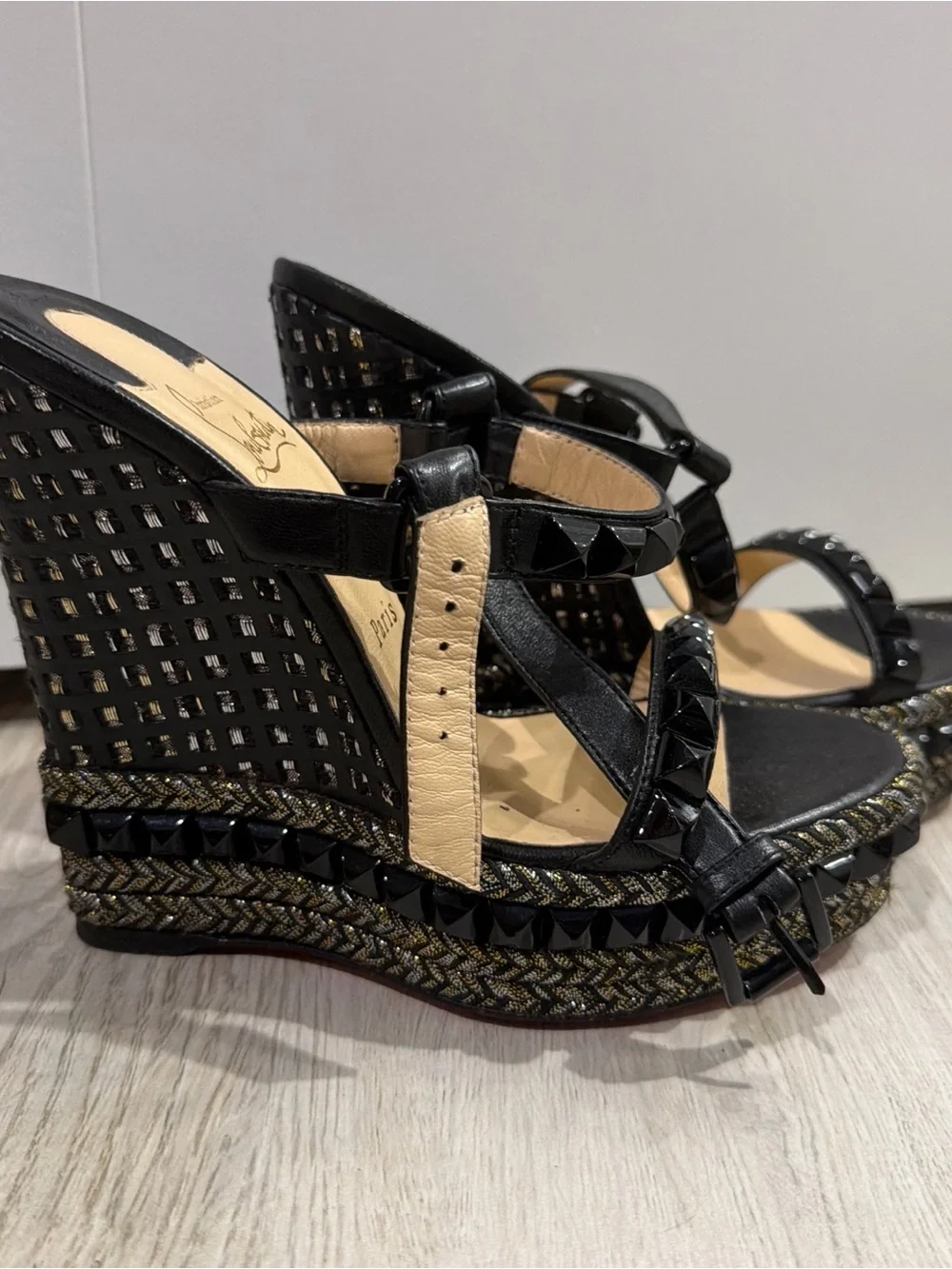 Christian Louboutin Black Studded Platform Sandals with Braided Trim - Picture 2 of 3